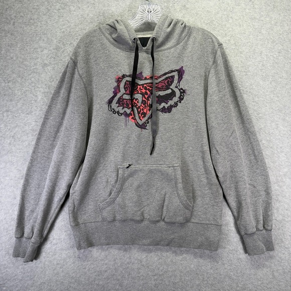 Fox Other - Fox Hoodie Mens Medium Gray Fox Head Graphic Fleece Pullover Kangaroo Pocket Y2K
